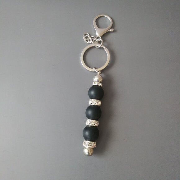 Elegant Black Matte Beaded Keychain with Silver Rhinestone Spacers - Picture 5 of 5